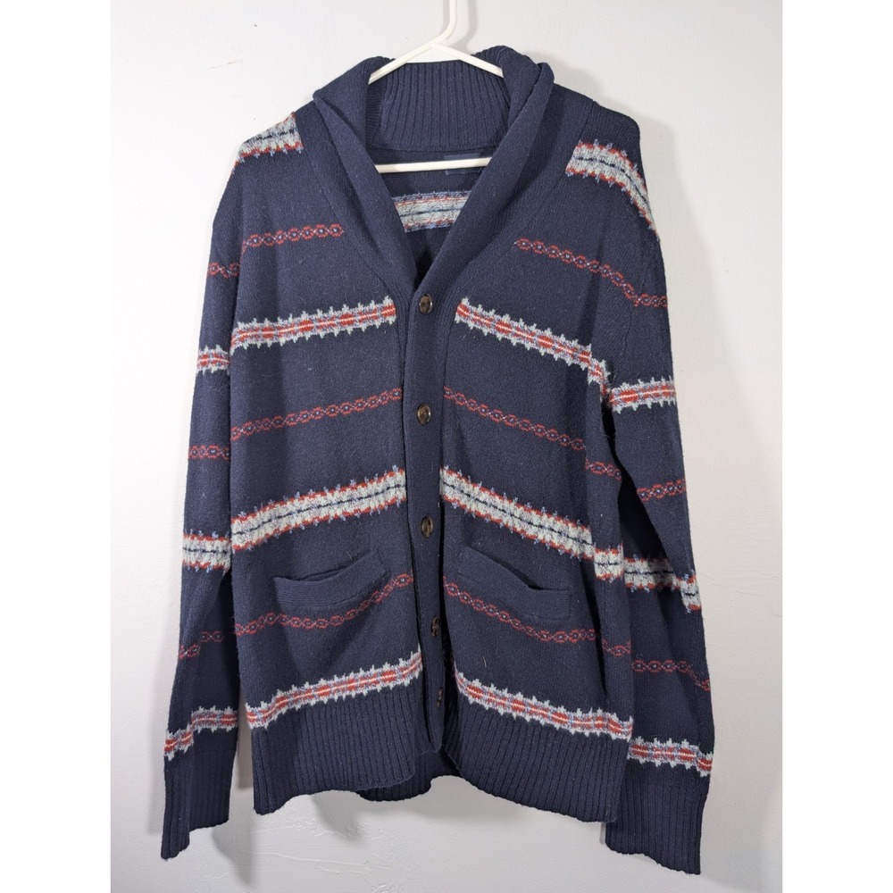 J. Crew Men's Cardigan Shawl Collar Blue Red Striped 100% Lambs Wool Medium‎